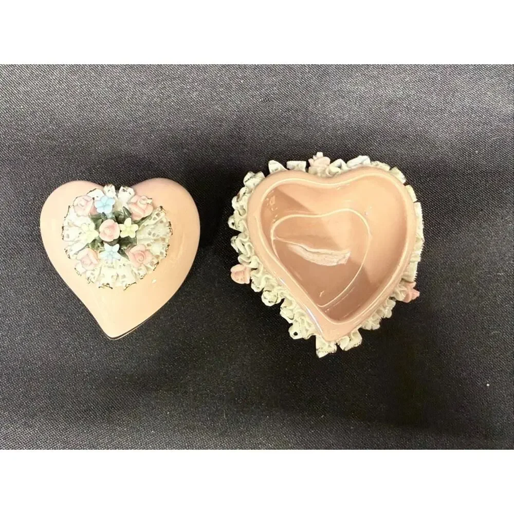 Set of 2 capodimonte porcelain trinket/jewelry boxes pink flowers heart Italy